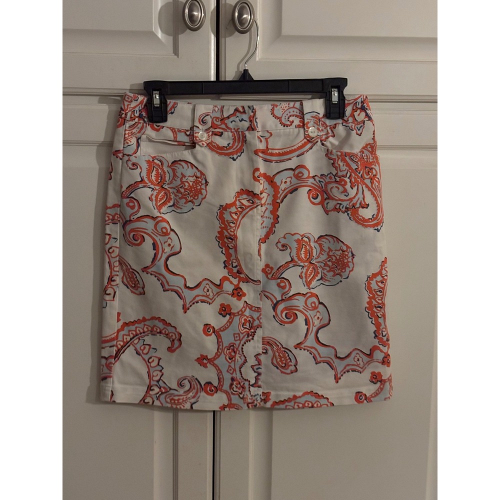 J. McLaughlin Women Orange Blue Paisley Cotton Modal Stretch Pencil Skirt Size 4